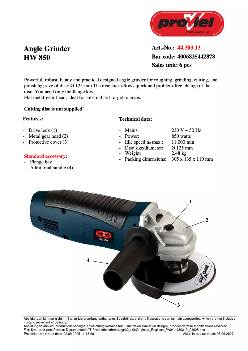 Página 1 del manual Ficha técnica Proviel HW 850