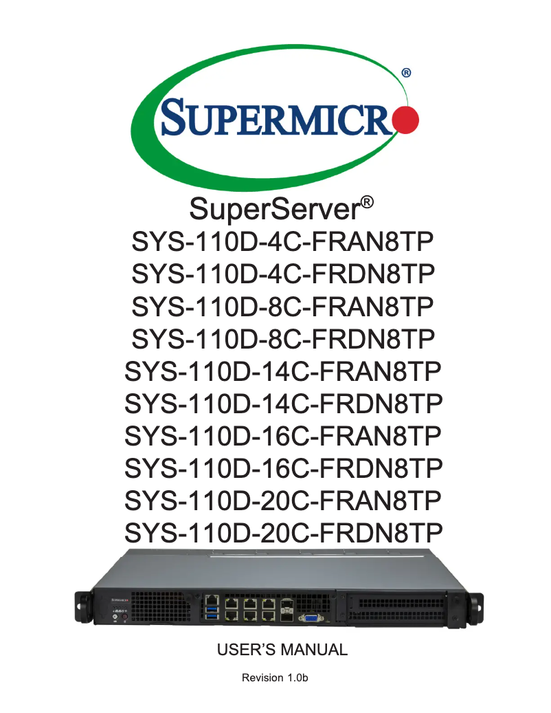 Page 1 de la notice Manuel utilisateur Supermicro SuperServer SYS-110D-4C-FRAN8TP