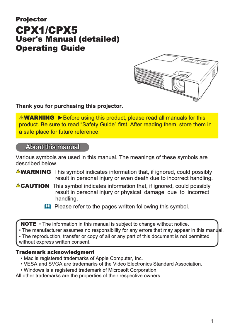 Image de la première page du manuel de l'appareil CPX1WF