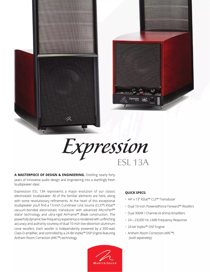 Page 1 de la notice Fiche technique Martin Logan Expression ESL 13A