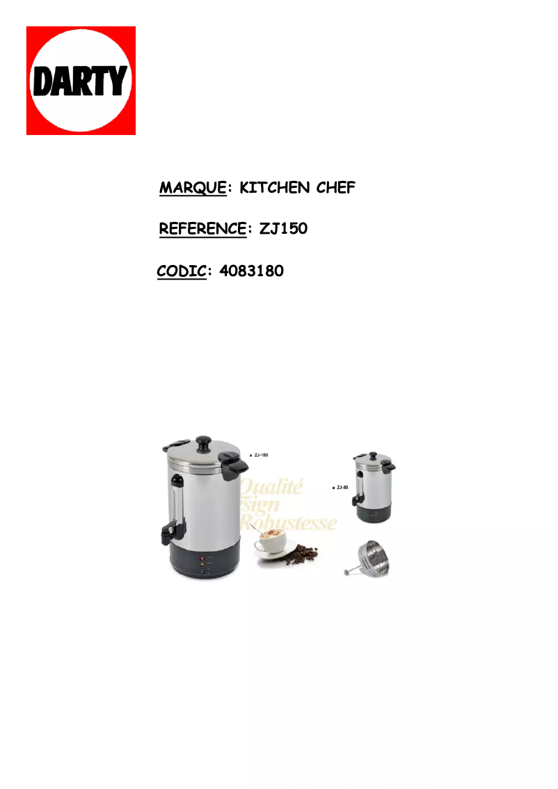 Page 1 de la notice Manuel utilisateur Kitchen Chef ZJ150