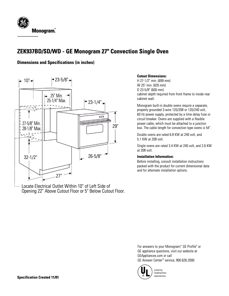 Page n°1 - Fiche technique GE ZEK937WDWW