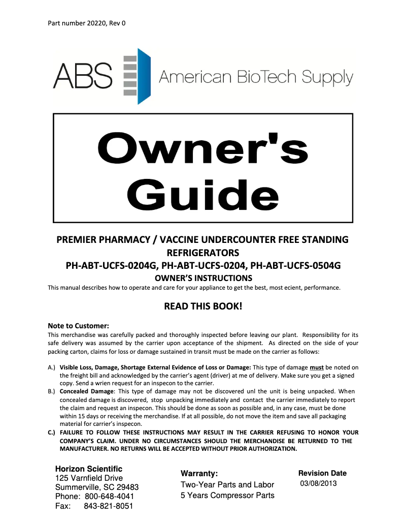 Page 1 de la notice Manuel d'utilisation et d'entretien American BioTech Supply PH-ABT-HC-UCFS-0504G