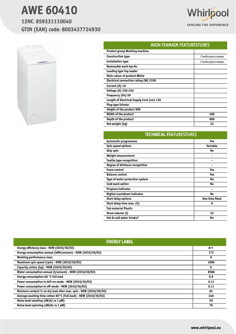 Image de la première page du manuel de l'appareil AWE 60410