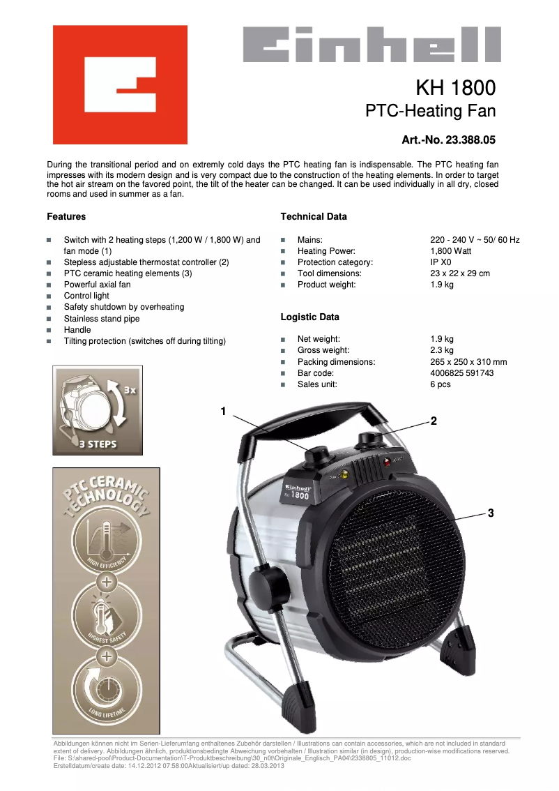 Page n°1 - Fiche technique Einhell KH 1800
