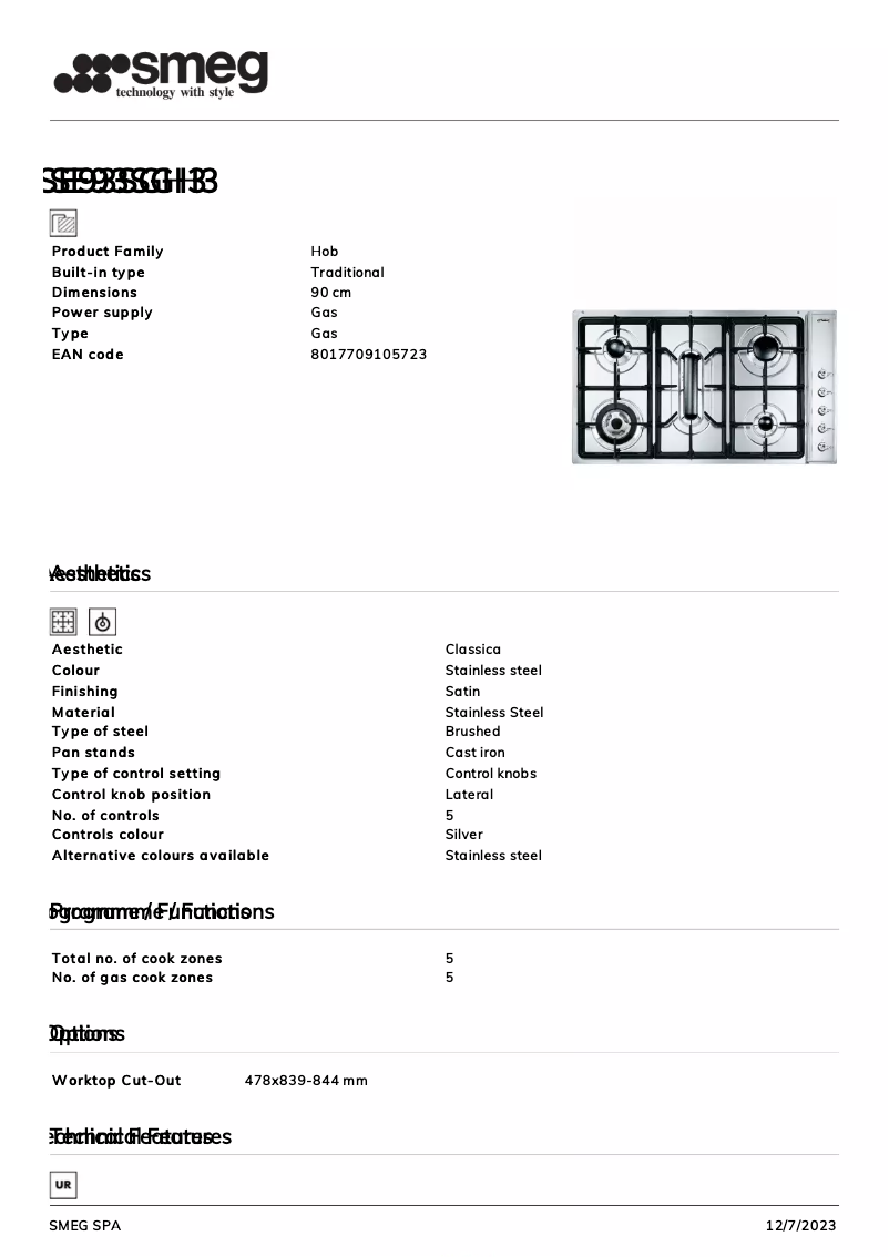 Page n°1 - Fiche technique Smeg SE93SGH3