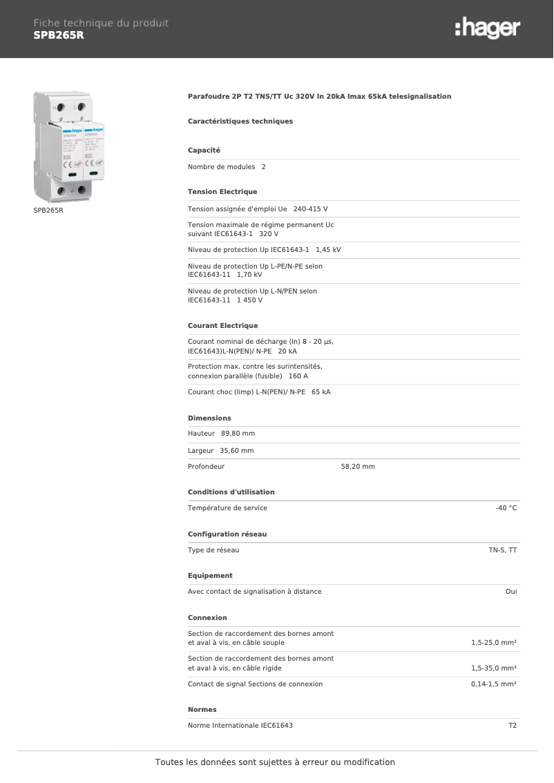 Page 1 de la notice Fiche technique Hager SPB265R