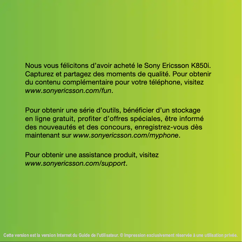 Page 1 de la notice Manuel utilisateur Sony Ericsson K850i