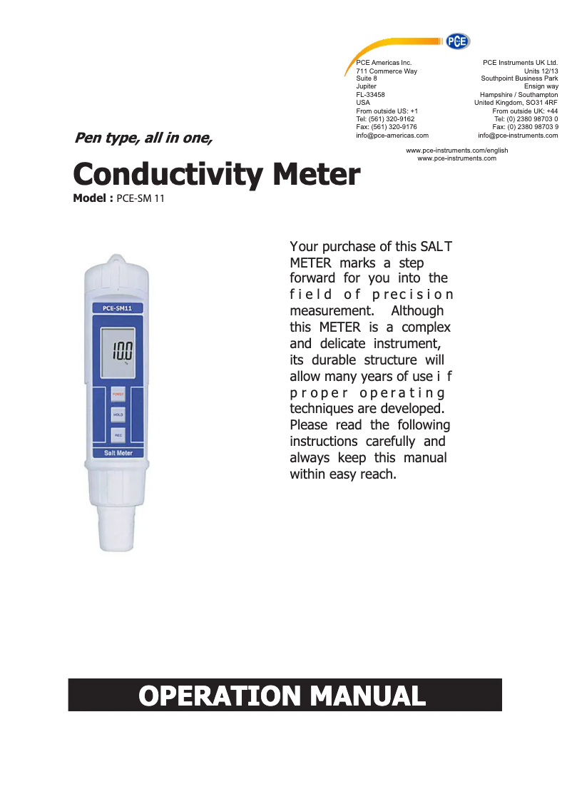 Page n°1 - Manuel utilisateur PCE Instruments PCE-SM 11