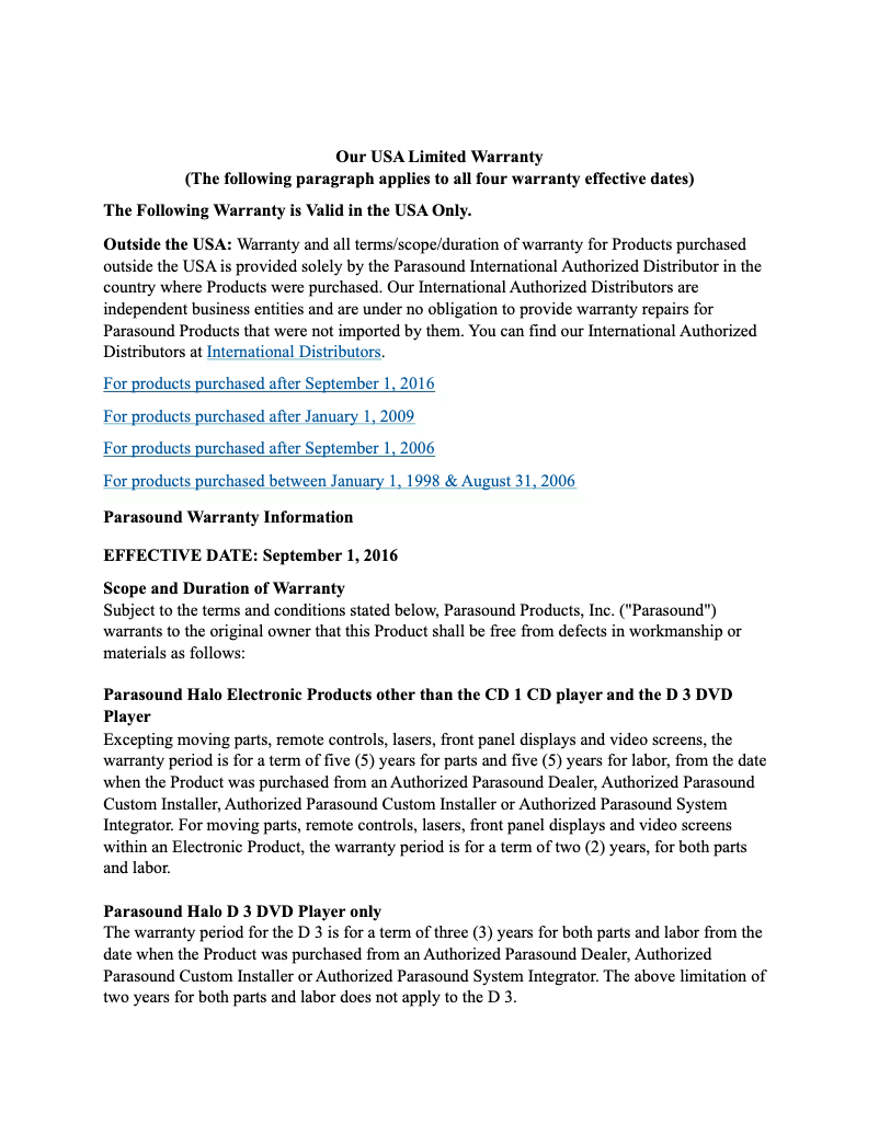 Page 1 de la notice Informations de garantie Parasound NewClassic 2250 v.2