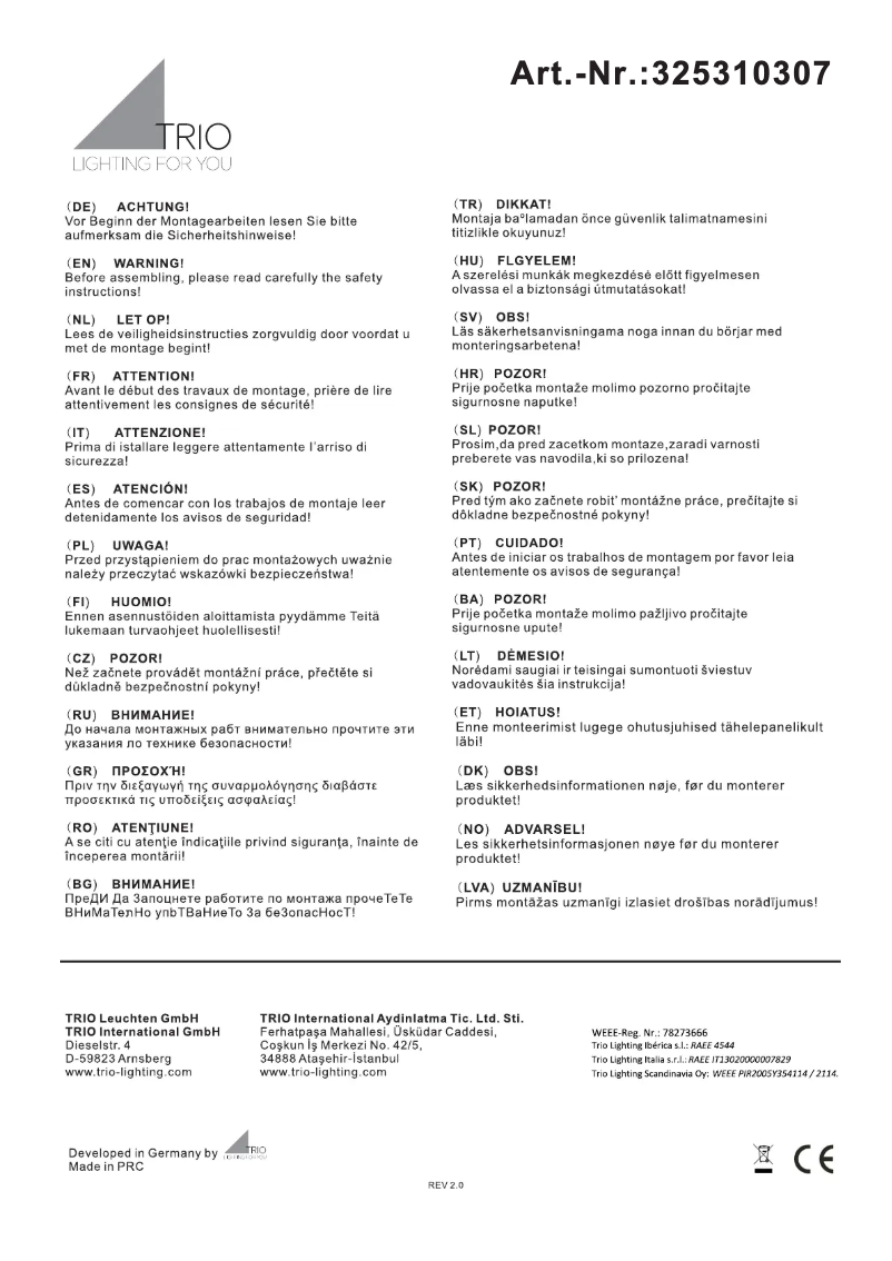 Page 1 de la notice Manuel utilisateur Trio Lighting Elina 325310307