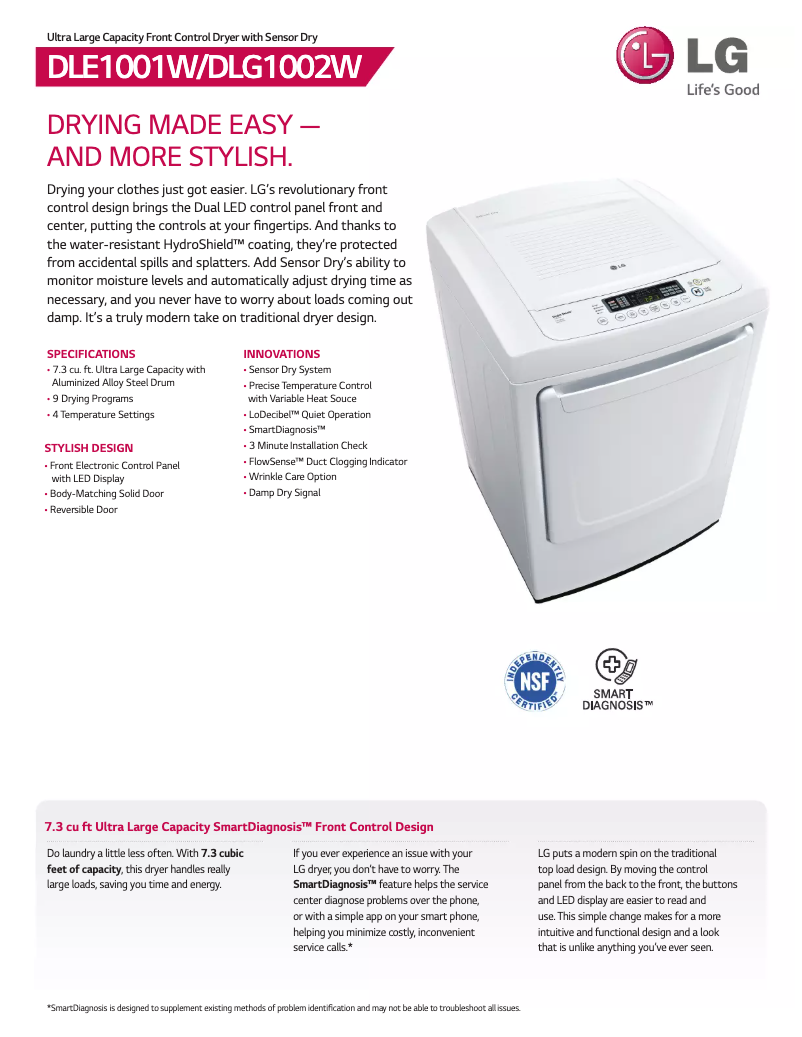 Page 1 de la notice Fiche technique LG D1002W