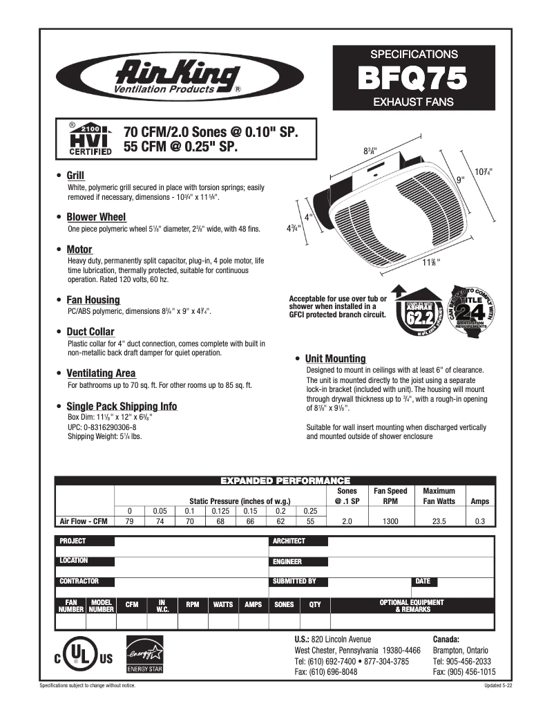 Page 1 de la notice Fiche technique Air King BFQ75
