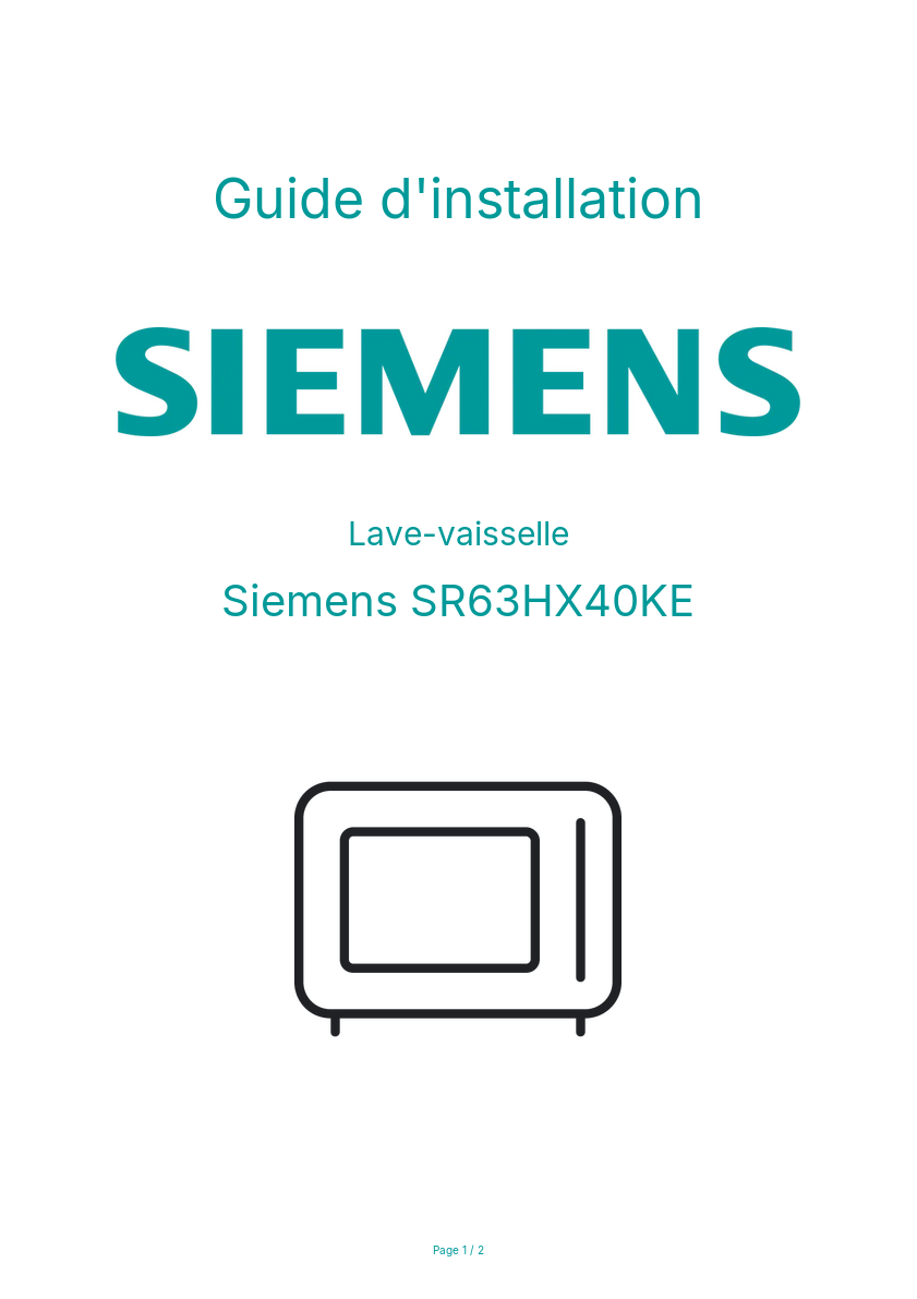 Page n°1 - Guide d'installation Siemens SR63HX40KE