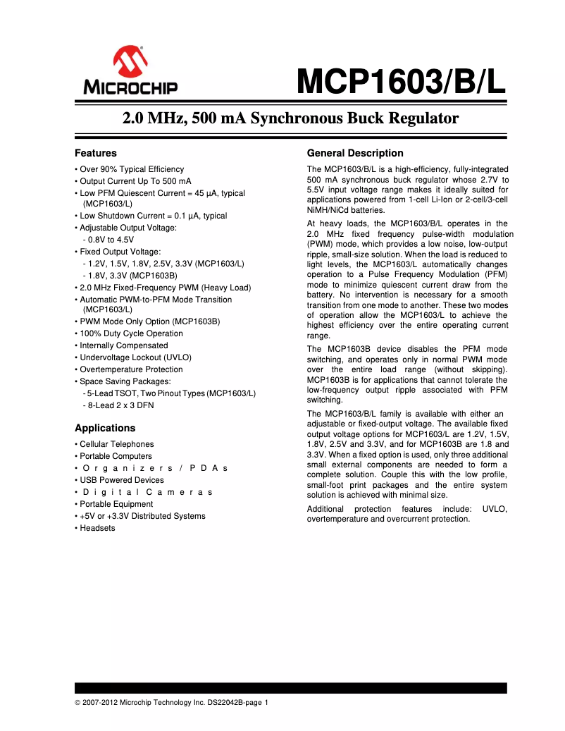 Page 1 de la notice Manuel utilisateur Microchip MCP1603