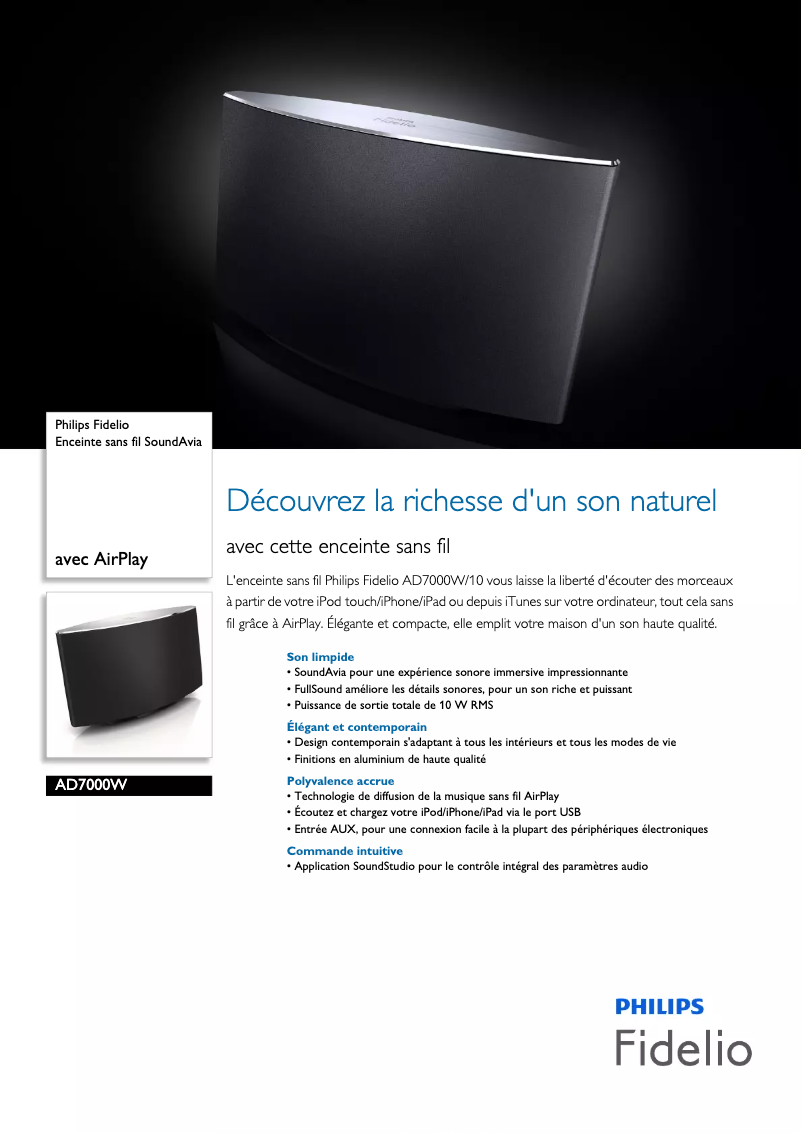 Page 1 de la notice Fiche technique Philips Fidelio SoundAvia AD7000W