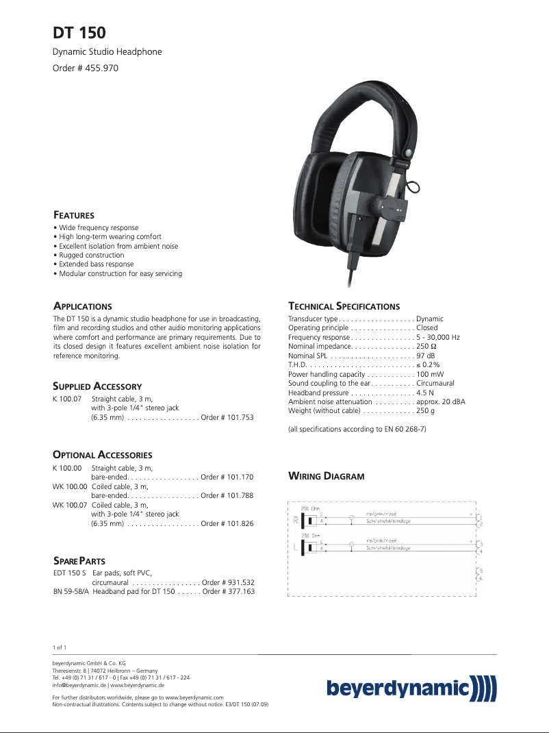 Page 1 de la notice Fiche technique Beyerdynamic DT 150