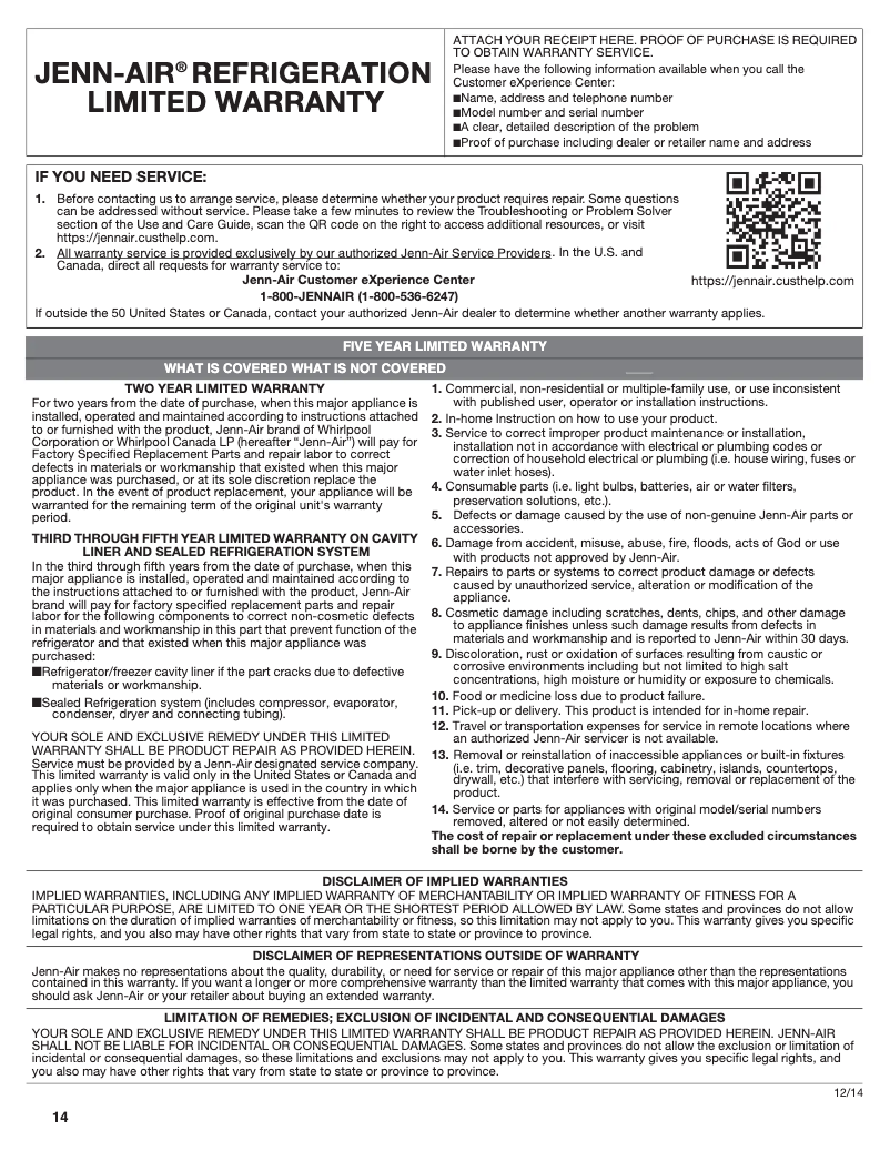 Página 1 del manual Información de garantía JennAir JUG24FRERS