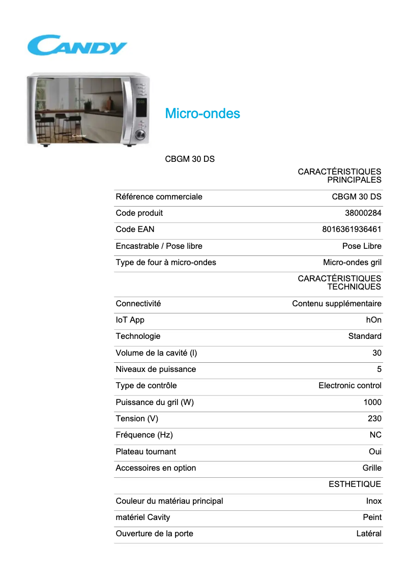 Page 1 de la notice Fiche technique Candy CBGM 30 DS