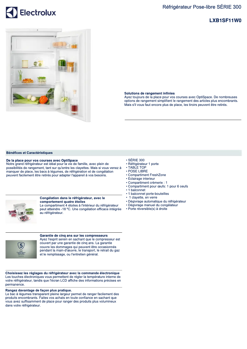 Page 1 de la notice Fiche technique Electrolux LXB1SF11W0
