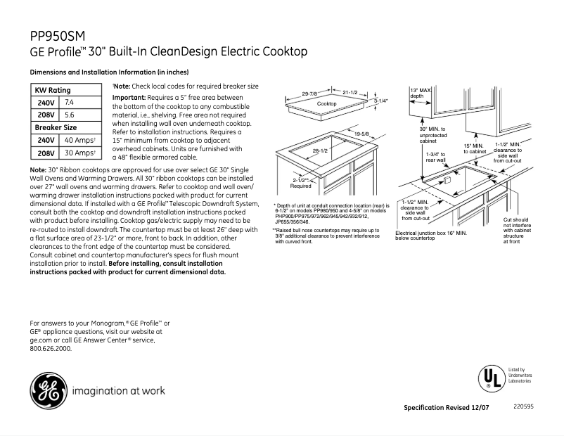 Page n°1 - Fiche technique GE Profile PP950SMSS
