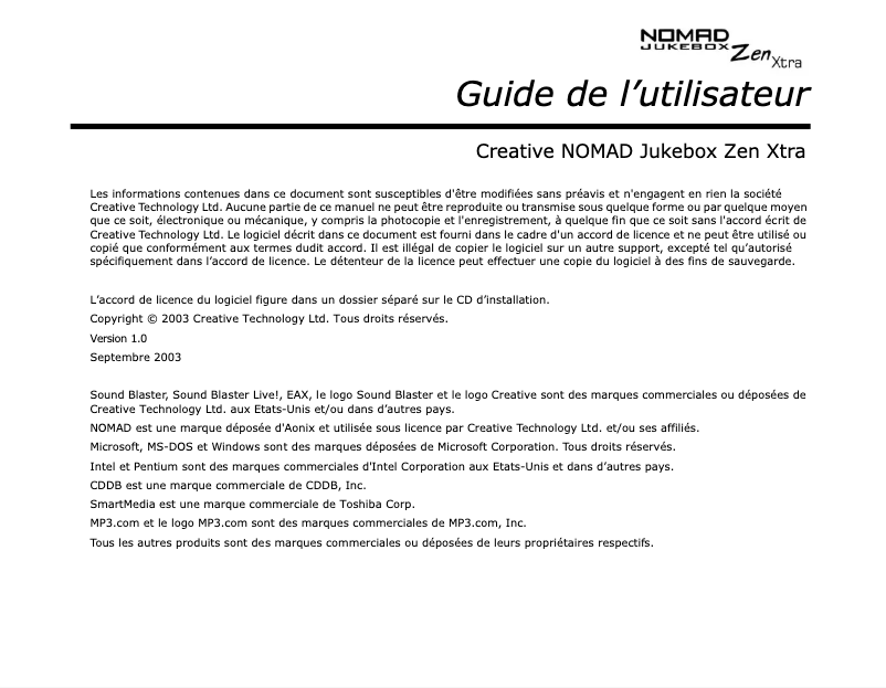 Page 1 de la notice Manuel utilisateur Creative Nomad Jukebox Zen Xtra