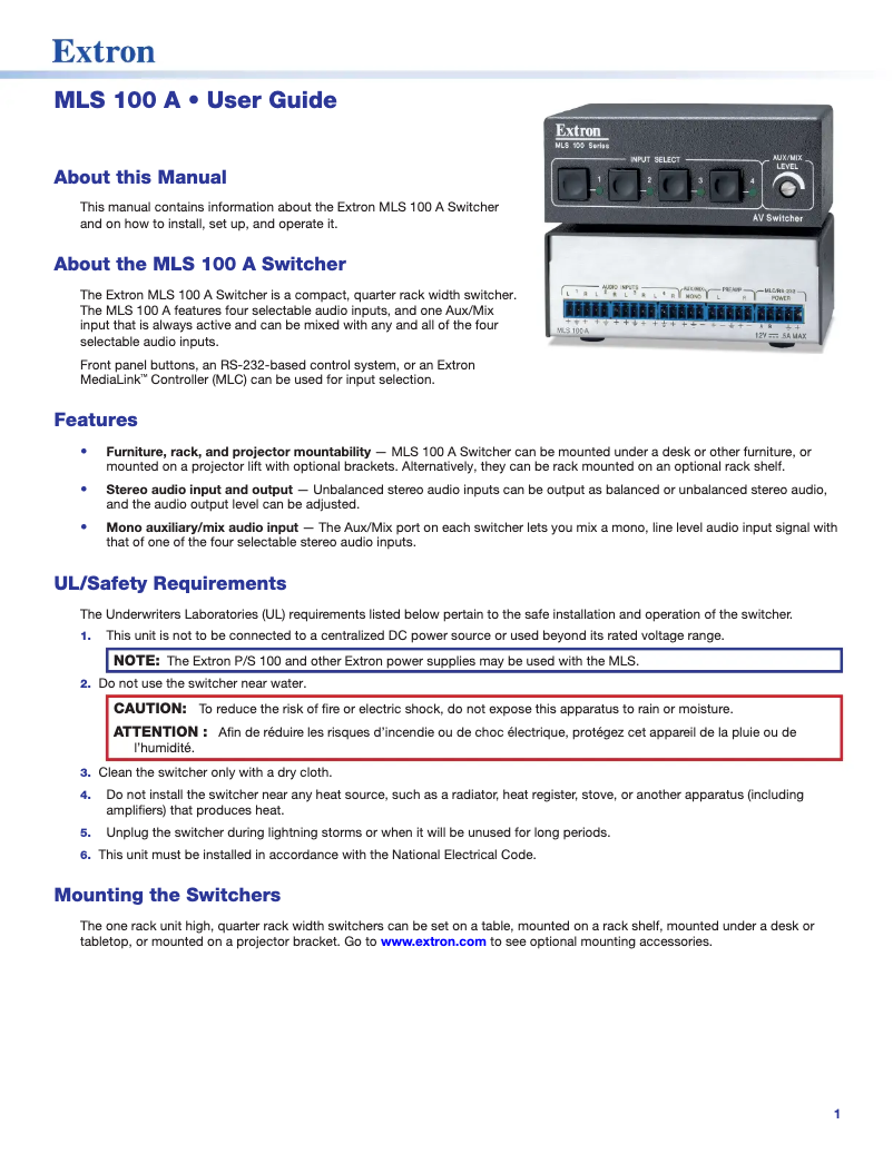 Page n°1 - Manuel utilisateur Extron MLS 100 A