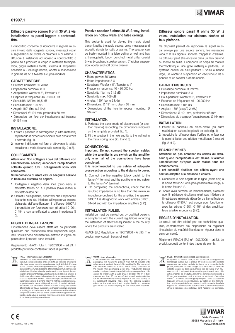 Page n°1 - Manuel utilisateur Vimar 01907.1