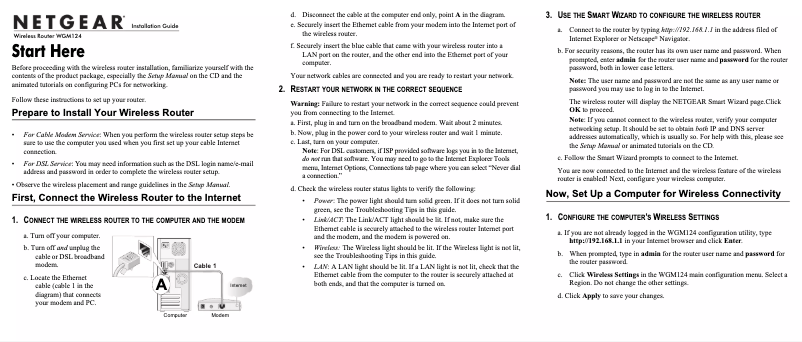 Page 1 de la notice Guide d'installation Netgear WGM124