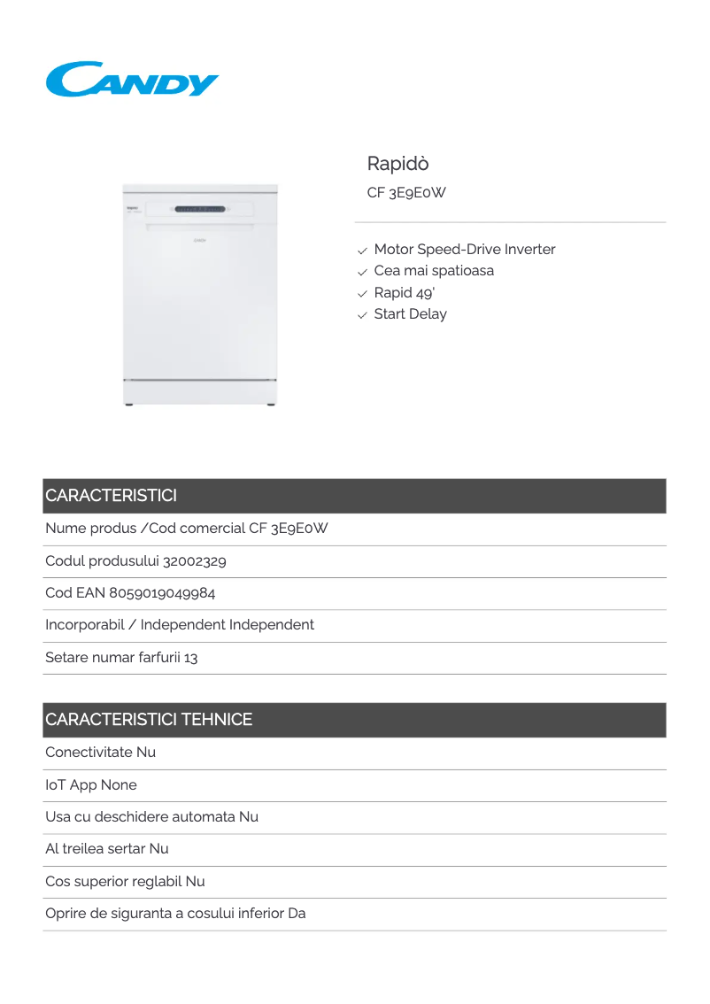 Page 1 de la notice Fiche technique Candy Rapidò CF 3E9E0W