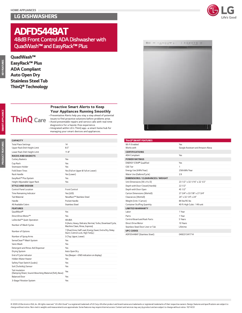Page 1 de la notice Fiche technique LG ADFD5448AT