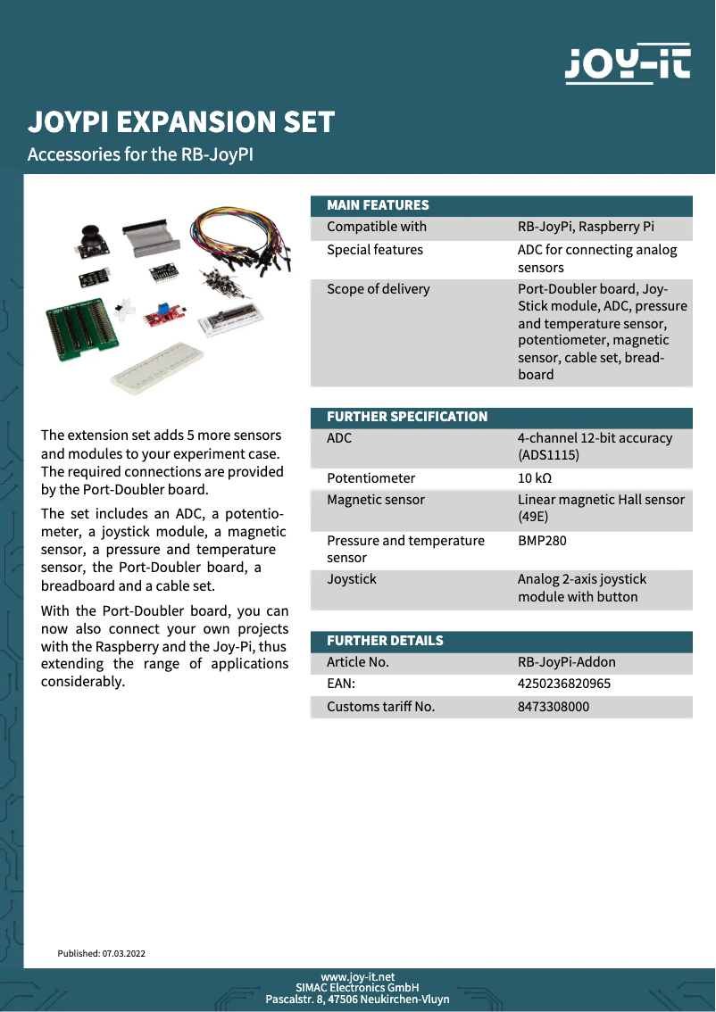 Page 1 de la notice Fiche technique Joy-It RB-JoyPi-Addon