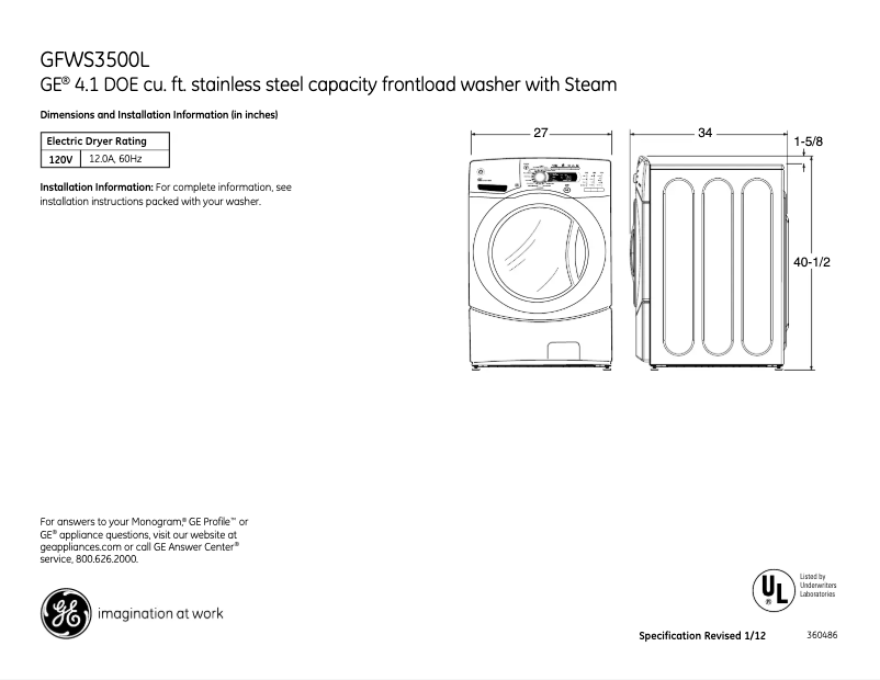 Page n°1 - Fiche technique GE GFWS3505LMV