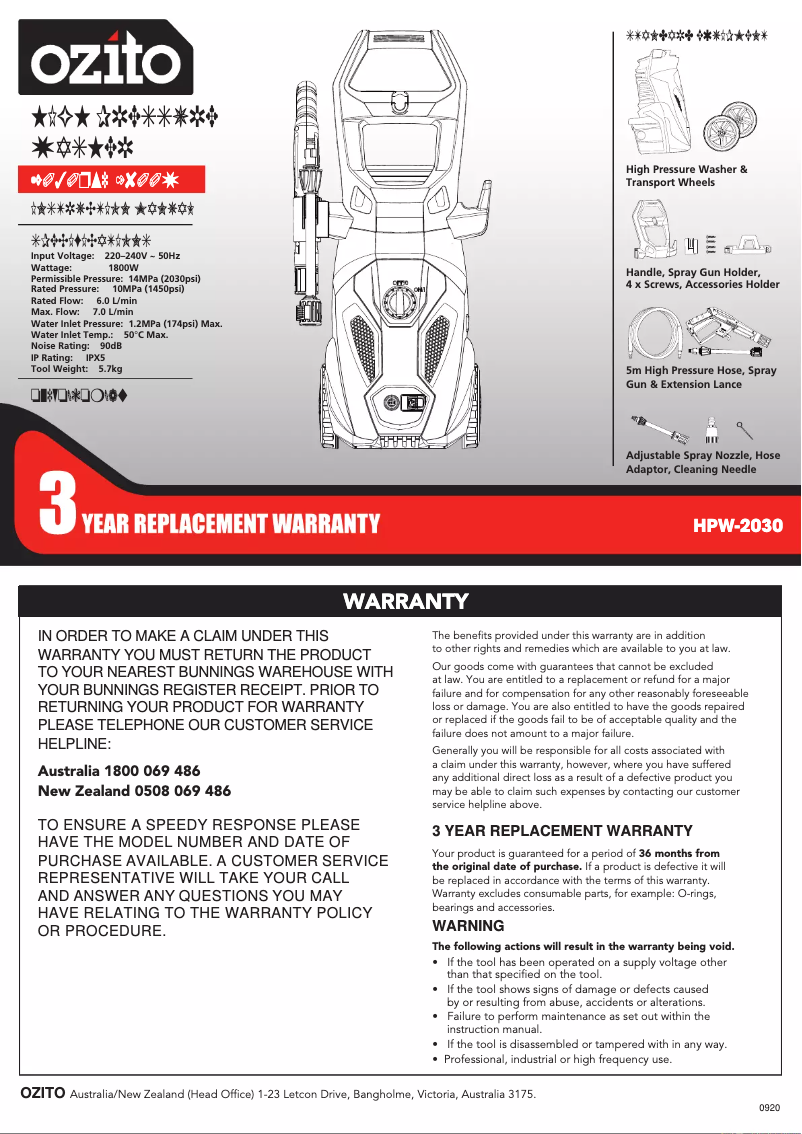 Página 1 del manual Manual de usuario Ozito HPW-2030