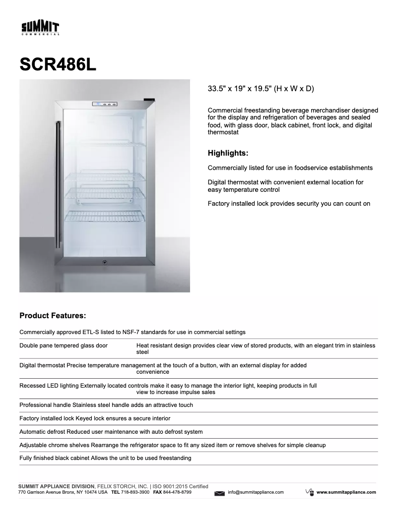 Page 1 de la notice Fiche technique Summit Commercial SCR486L