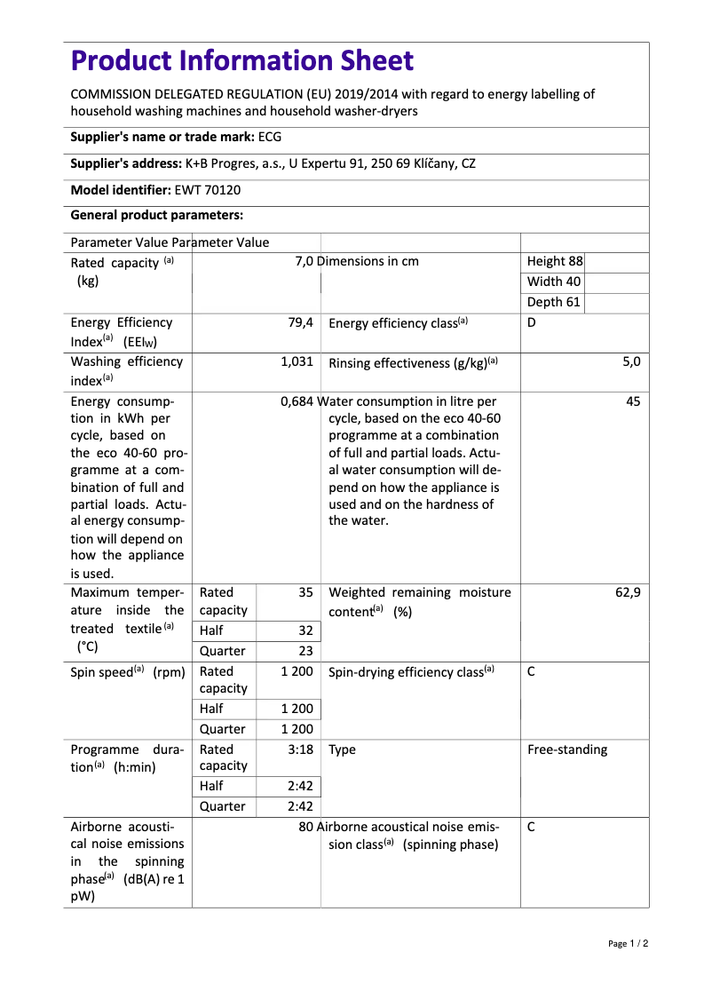 Page 1 de la notice Fiche technique ECG EWT 70120