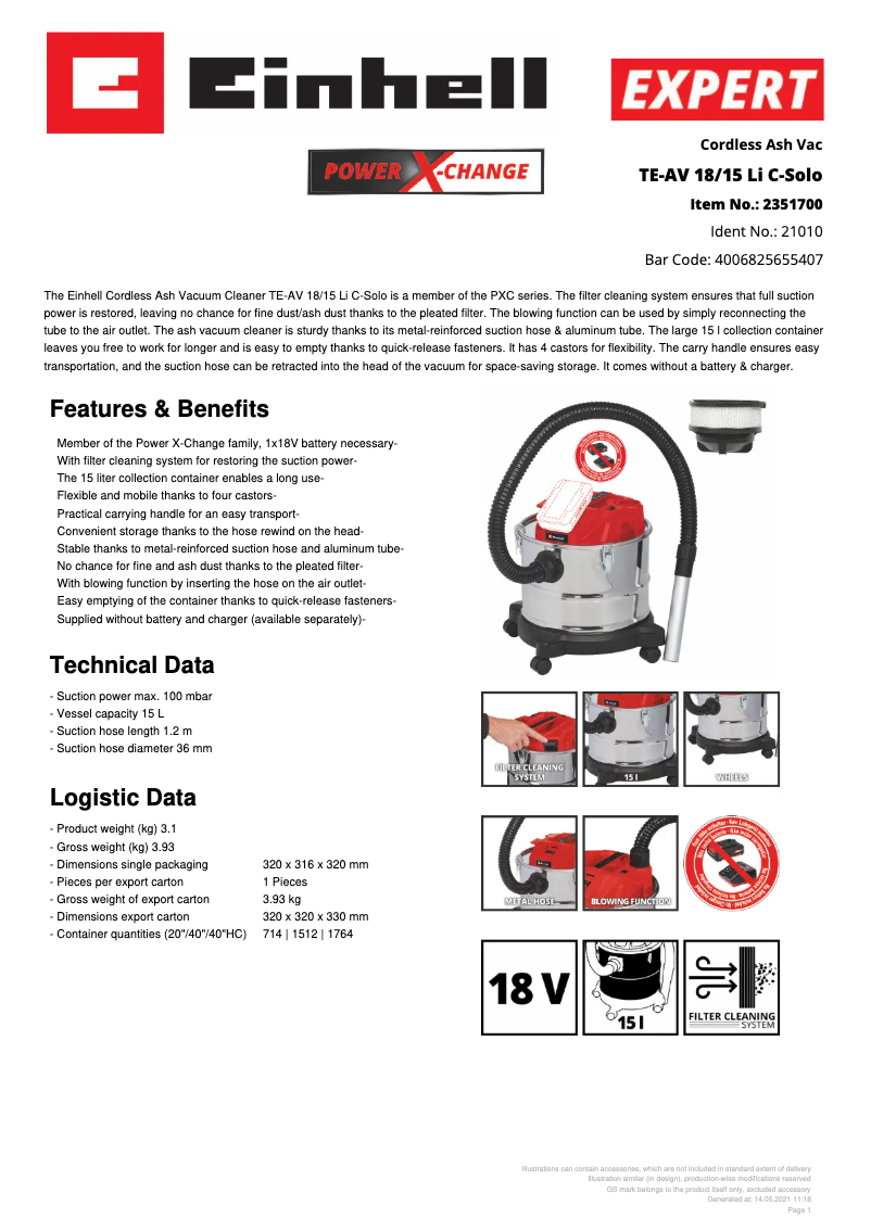 Page n°1 - Fiche technique Einhell TE-AV 18/15 Li C-Solo