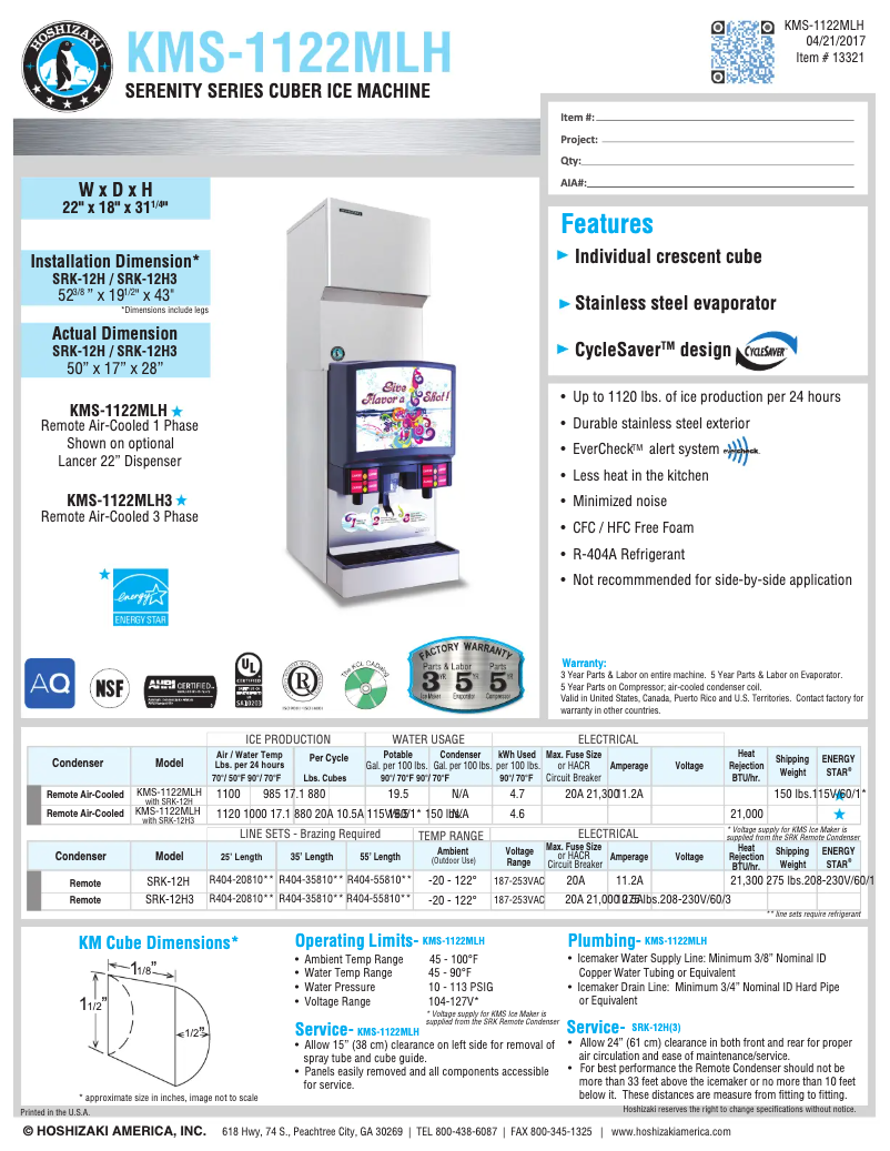 Page 1 de la notice Fiche technique Hoshizaki KMS-1122MLH