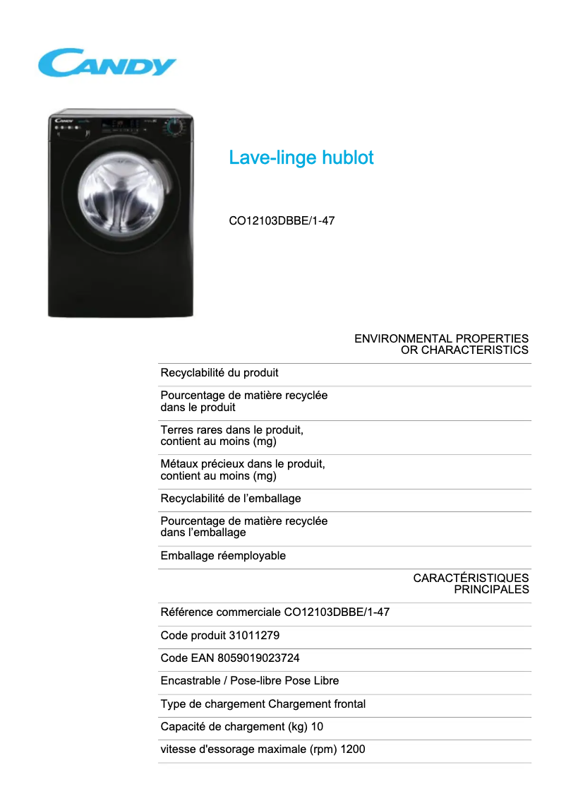 Page 1 de la notice Fiche technique Candy CO12103DBBE/1-47