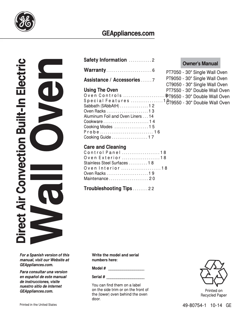 Page 1 de la notice Manuel utilisateur GE PT7050SFSS Profile