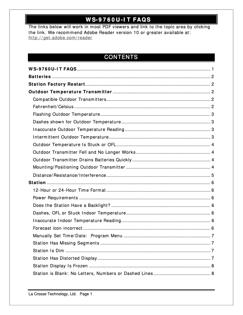 Page n°1 - FAQ La Crosse Technology WS-9760U-IT