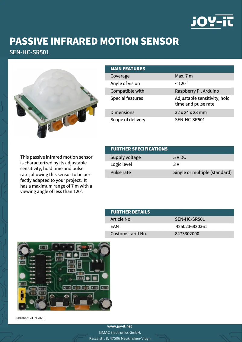 Page 1 de la notice Fiche technique Joy-It SEN-HC-SR501