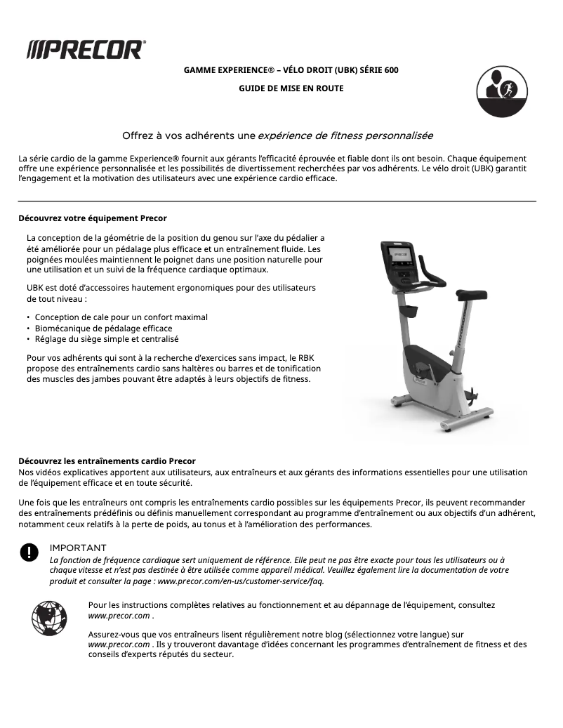 Page 1 de la notice Manuel utilisateur Precor UBK 600