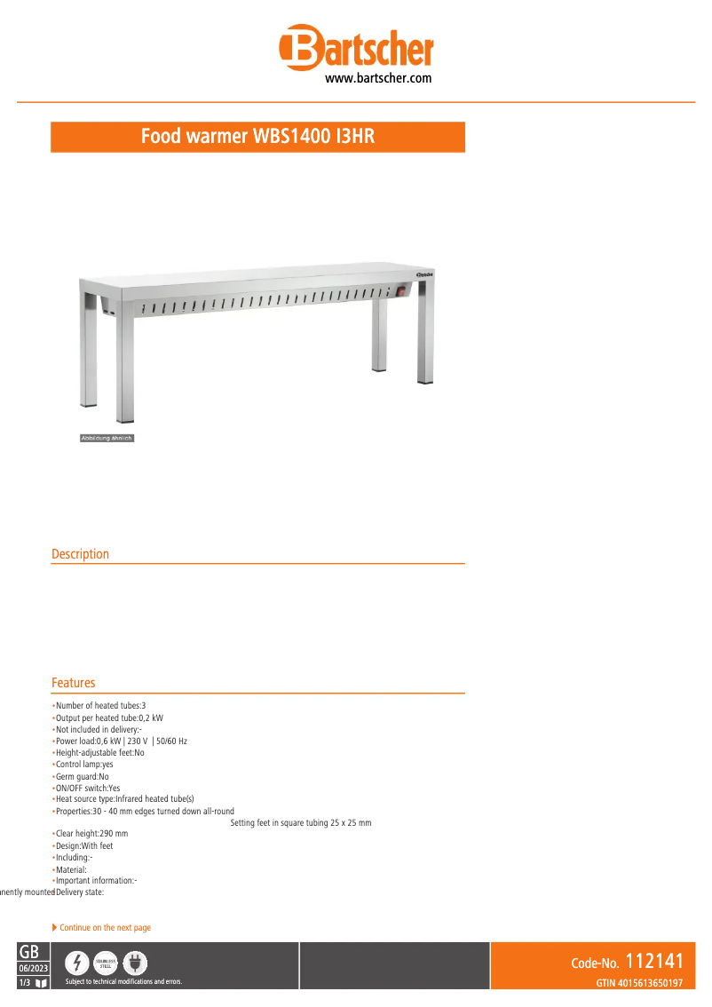 Página 1 del manual Ficha técnica Bartscher WBS1400 I3HR