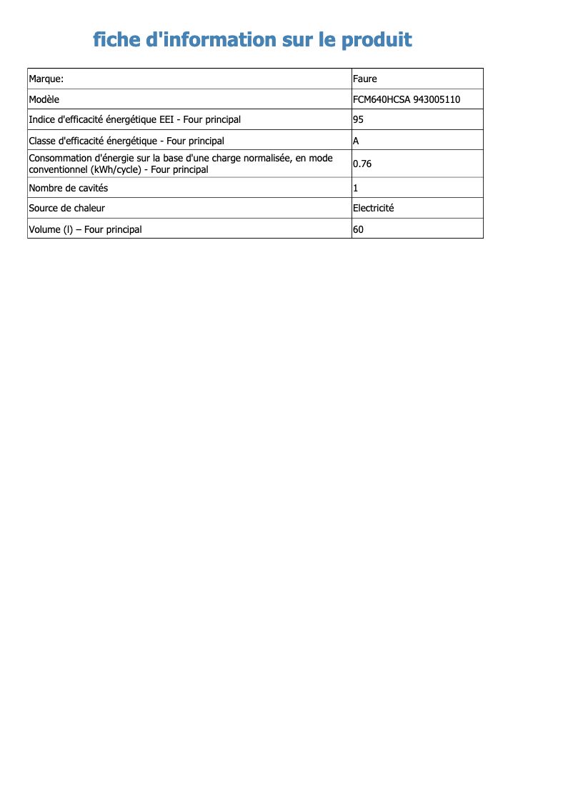 Page 1 de la notice Fiche technique Electrolux FCM640HCSA