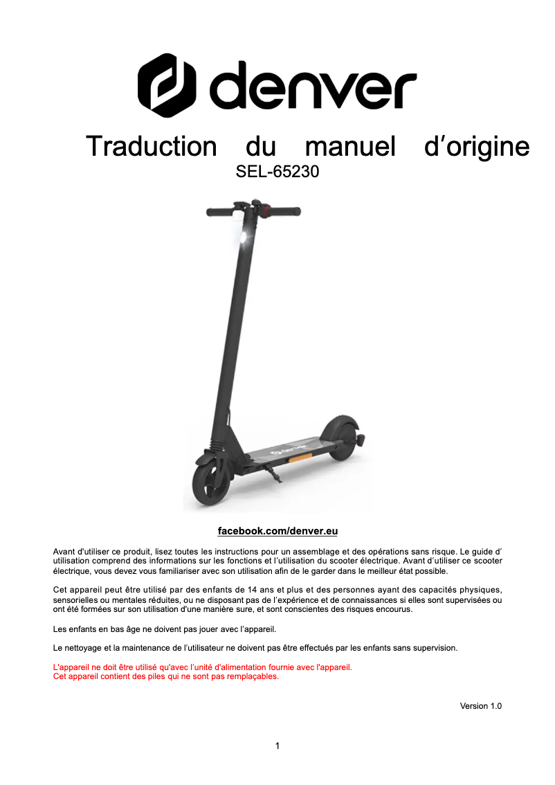 Page 1 de la notice Manuel utilisateur Denver SEL-65230