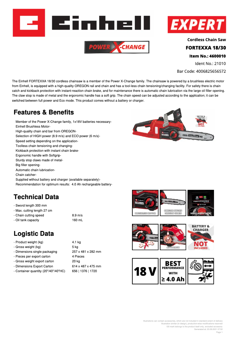 Página 1 del manual Ficha técnica Einhell FORTEXXA 18/30
