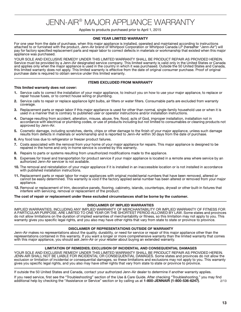 Page n°1 - Informations de garantie JennAir TC607X