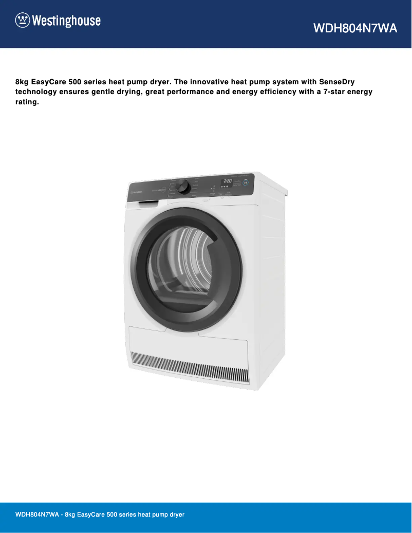 Page 1 de la notice Fiche technique Westinghouse WDH804N7WA