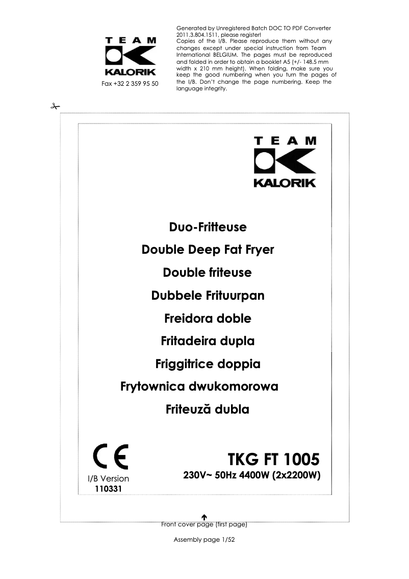 Page 1 de la notice Manuel utilisateur Kalorik TKG FT 1005